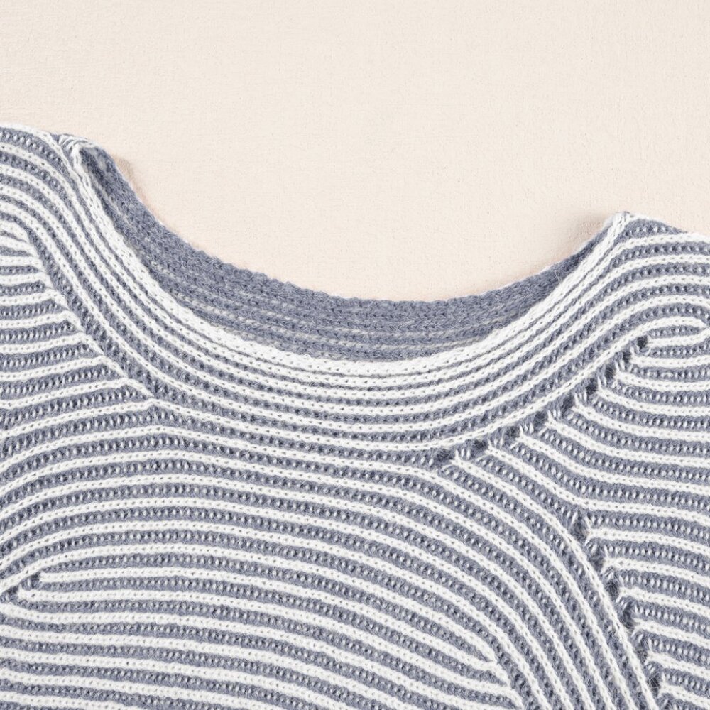 B309 Ashleigh Blue Striped Print Ribbed Knit Boat Neck Baggy Sweater - Picture 6 of 9